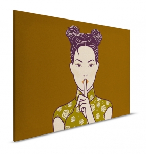 Obraz na plátně Walls by Patel 2 – Tajemná žena se symbolem ticha v moderní ilustraci