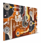 Obraz na plátně – hudební abstrakce s kytarami, trumpetami, saxofony a notami v geometrickém stylu